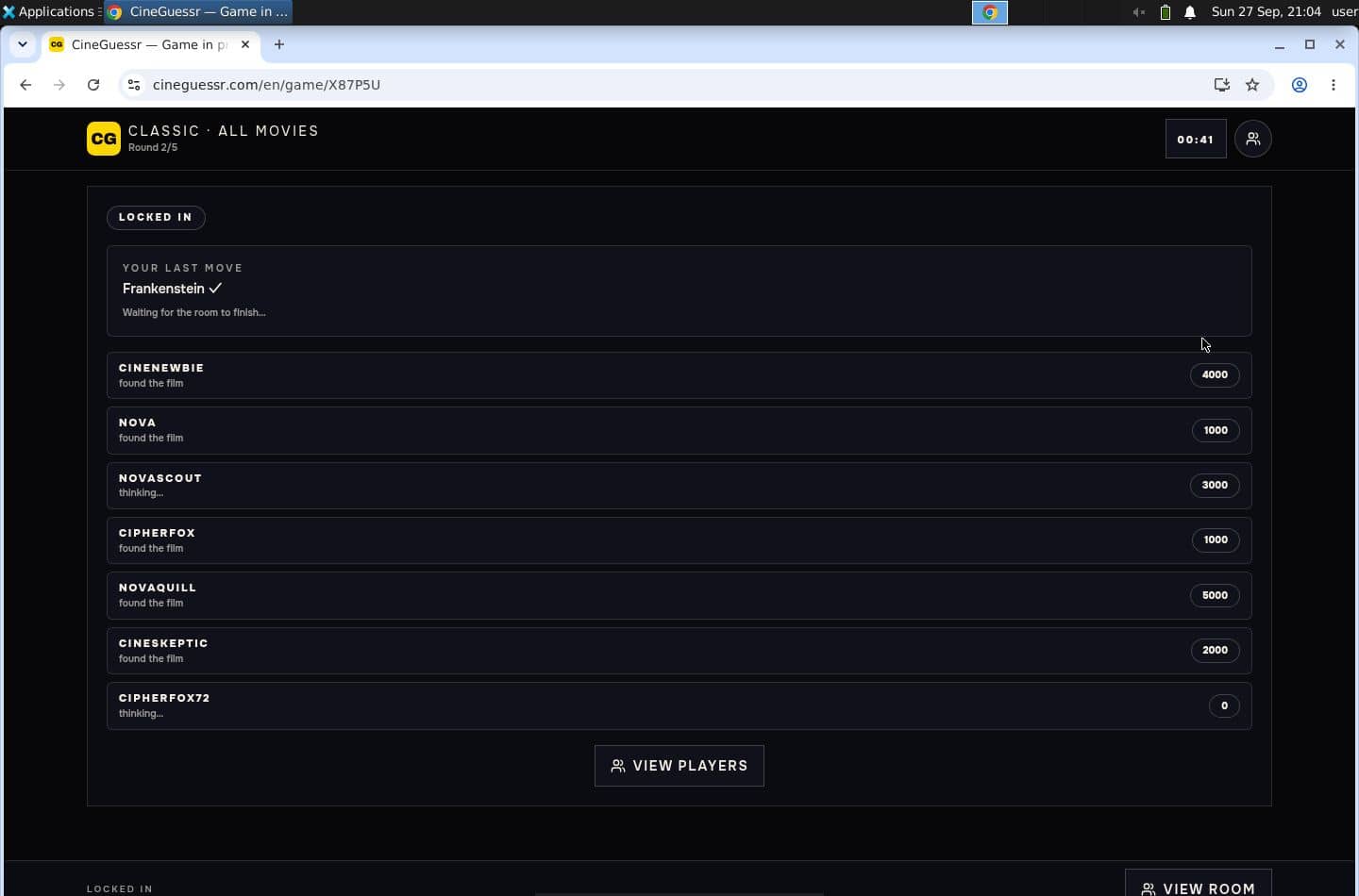 Eight participants in one lobby of a multiplayer movie-guessing game: the Observer grid of the saved run