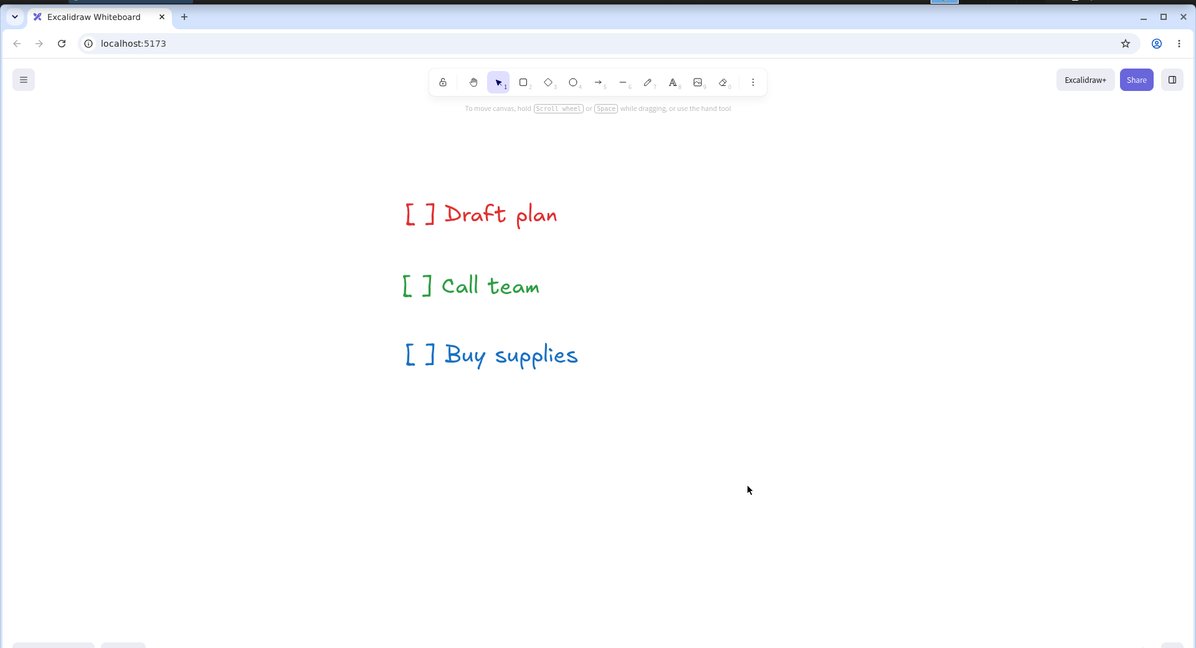 Keyframe from lane sticky-notes: the Excalidraw canvas on the sandbox desktop with three colored to-do notes — Draft plan, Call team, Buy supplies